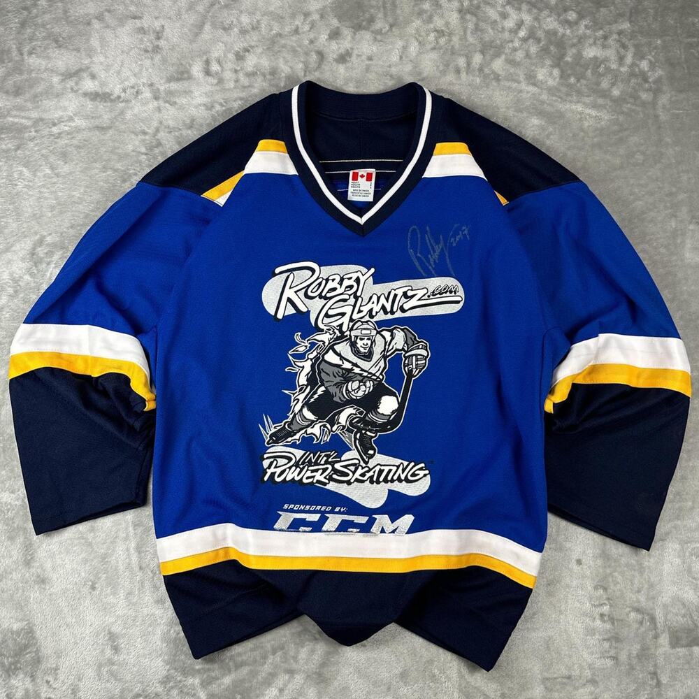 Vintage CCM Blue Signed Robby Glantz Power Skating Hockey Jersey Small